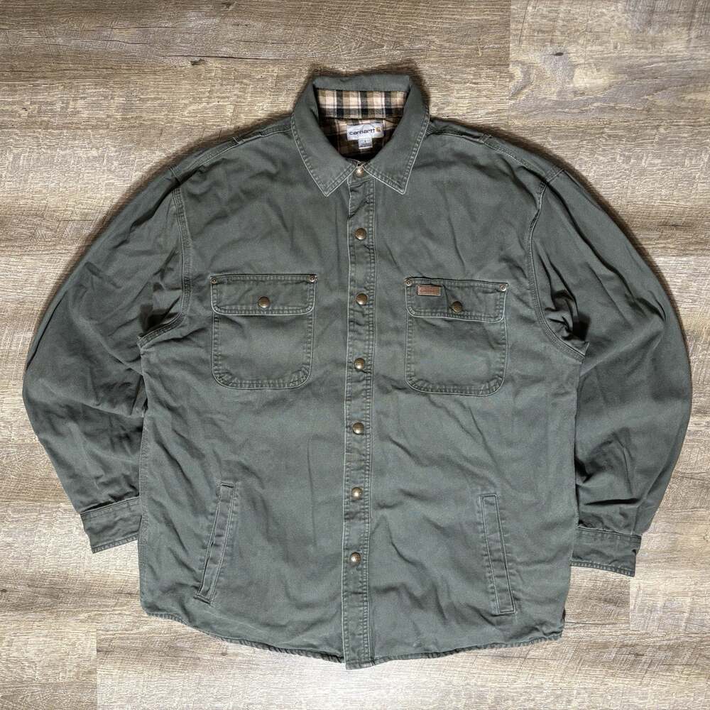 Vintage Carhartt Flannel Lined Canvas Shirt Jacket S96MOS Men's L Green Y2K